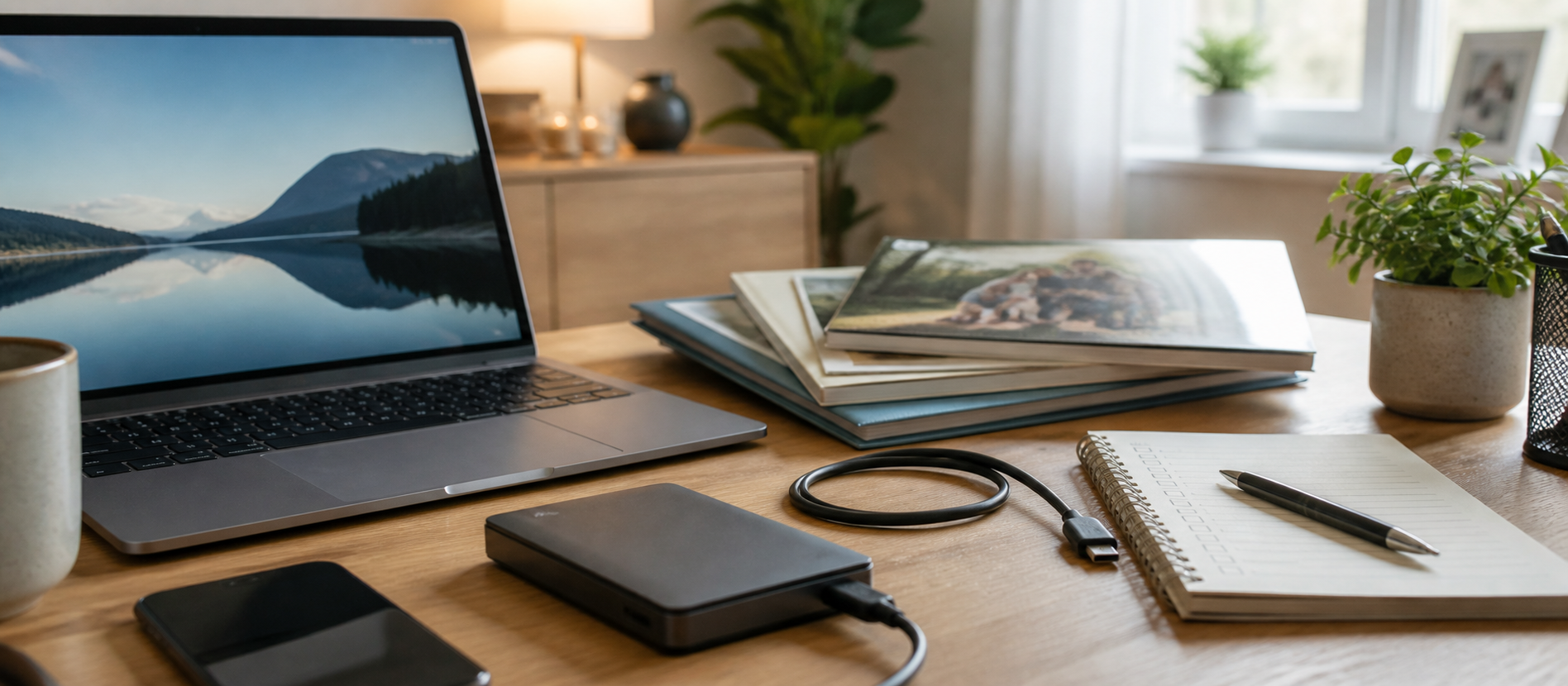 Hjemmearbeidsplass med laptop, backupdisk og ryddige filer