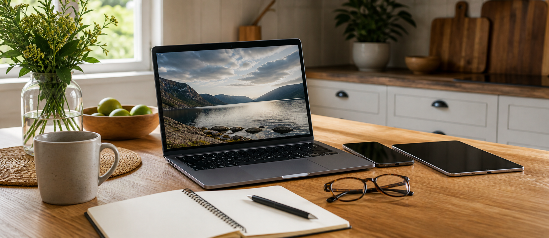 Kjøkkenbord med laptop, mobil, nettbrett og notatbok
