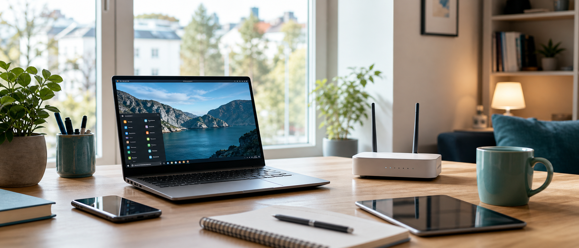 Laptop med Linux hjemme ved et skrivebord