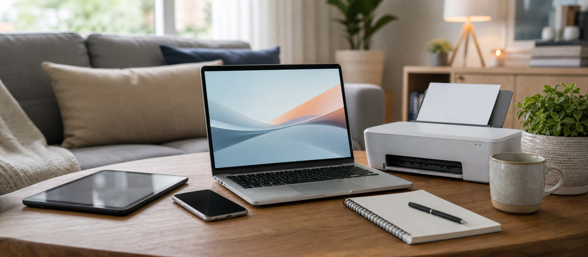 Hjemmebord med laptop, nettbrett, mobil og skriver