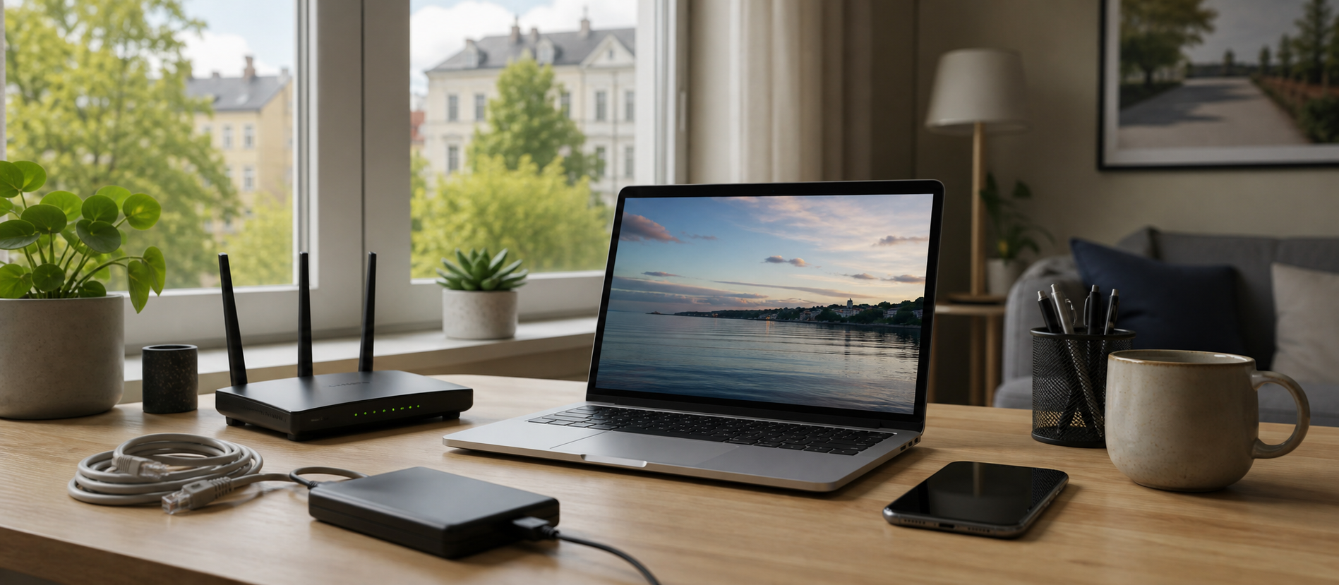 Hjemmekontor med PC, mobil, ruter og backupdisk
