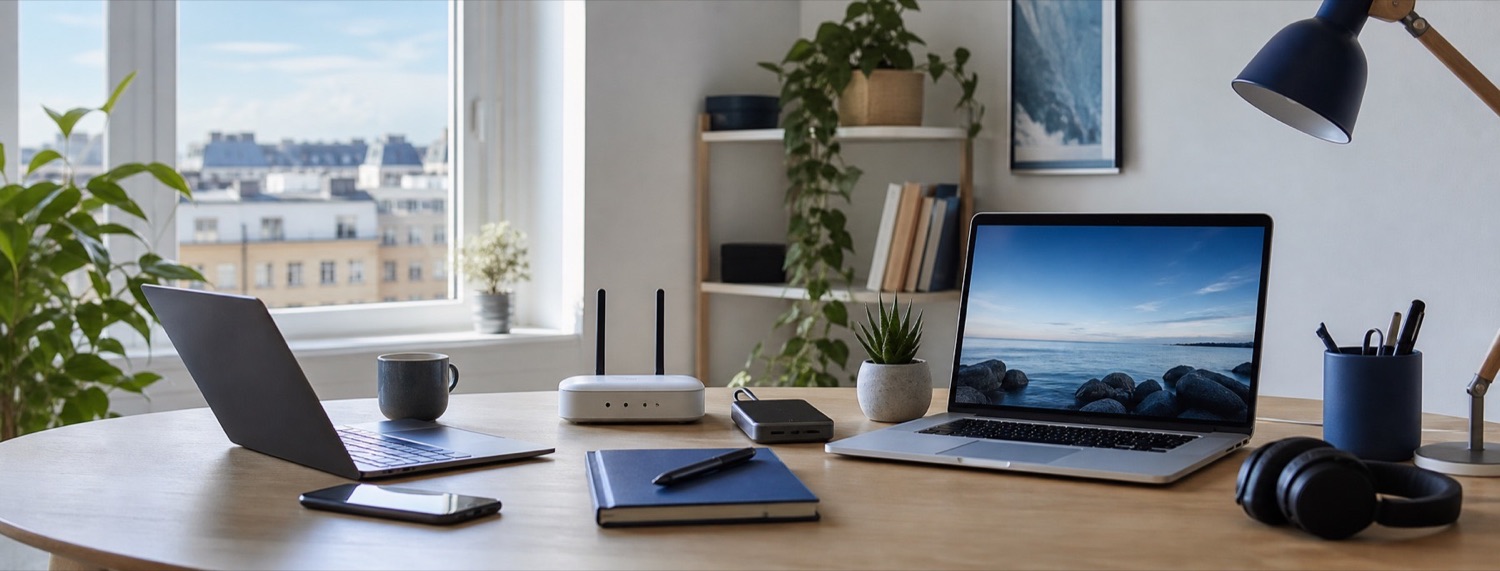 Hjemmearbeidsplass med laptop, mobil, Wi-Fi-ruter og backupdisk