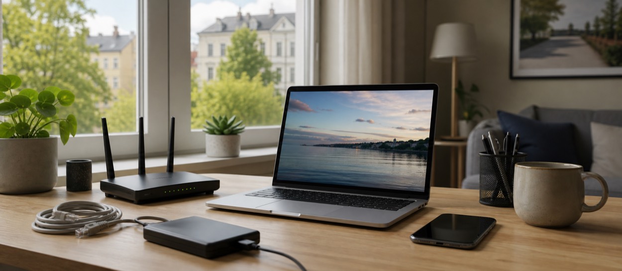 Hjemmekontor med PC, mobil, ruter og backupdisk